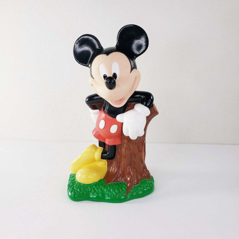 Disney Mickey Mouse Leaning on Tree Stump Piggy Bank Just Toys Inc 1994 Plastic